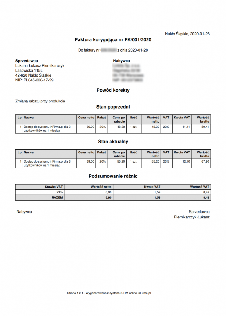 Korekta faktury wygenerowana w systemie