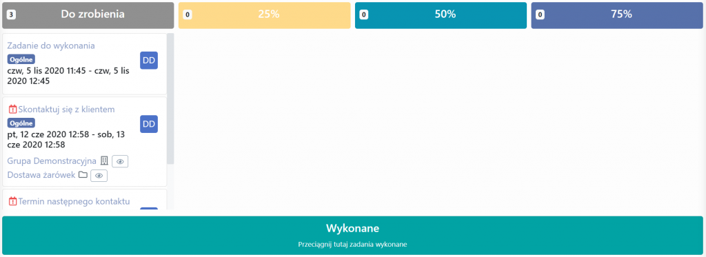 Postępy wykonania zadania w systemie CRM inFirma.pl wersji 3.4.0