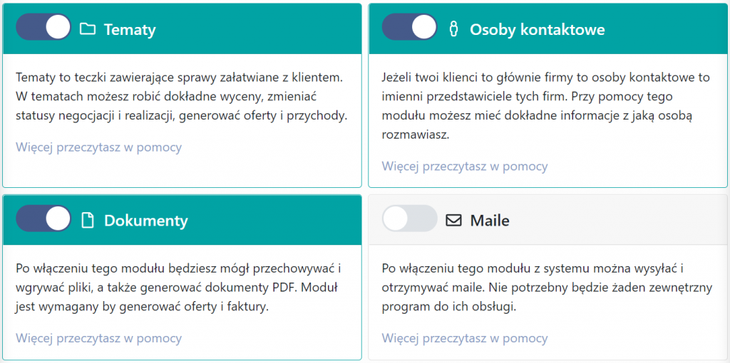 Moduły w systemie CRM infirma.pl