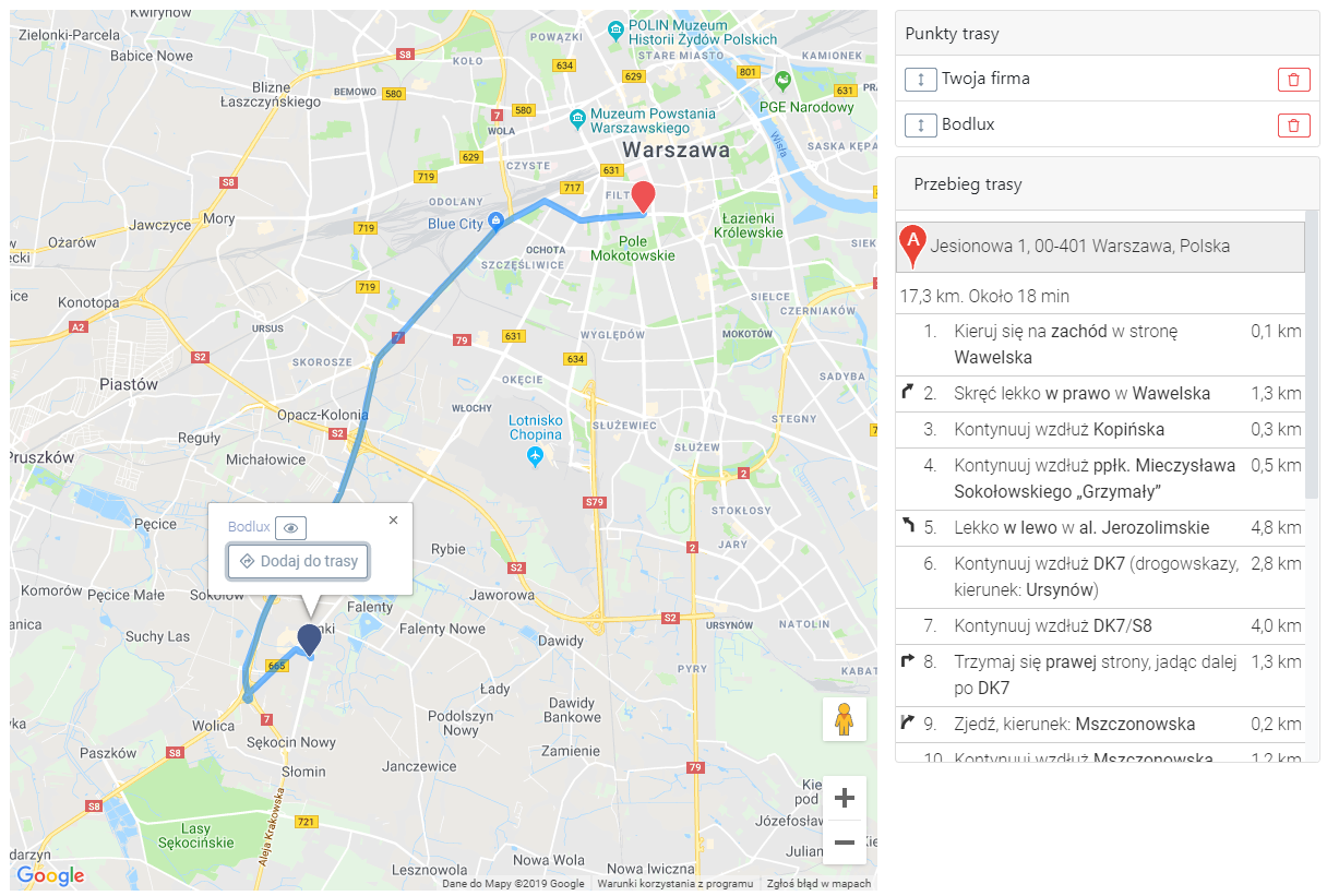 Mapa z dojazdem do klienta w systemie CRM