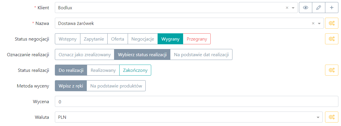 Statusy negocjacji - system CRM