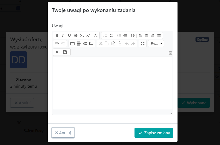 Uwagio po wykonaniu zadania w systemie CRM