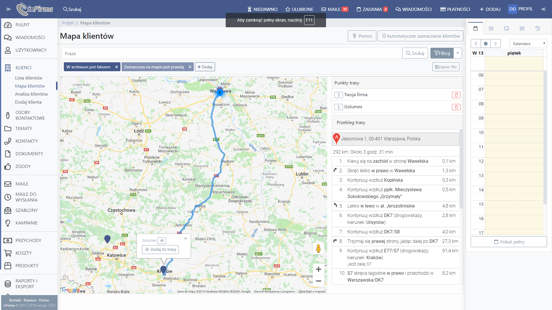 Mapa klientów z trasami dojazdu